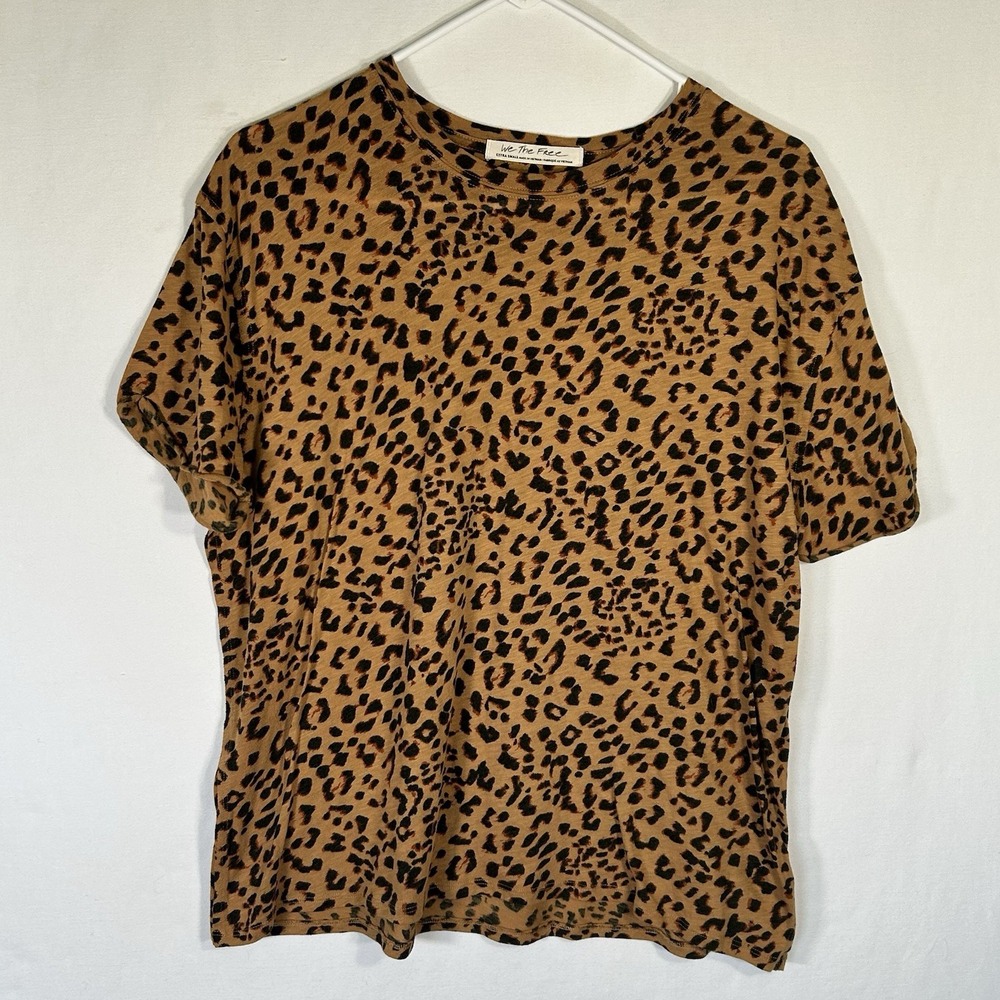 Free People Clarity Ringer Tee Leopard Cheetah Animal Print Size XS Oversized